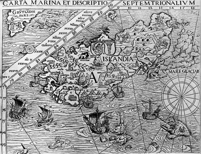Islandia, ok. 1539 r., detal z Carta marina autorstwa szwedzkiego arcybiskupa Olausa Magnusa (1490-1557) autorstwa Unknown artist