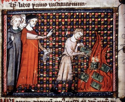 Obrazoburcy wrzucający do ognia miniaturowe rękopisy. Rękopis z XIV wieku. autorstwa Unknown artist