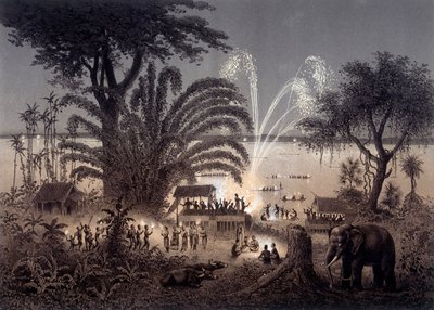 Iluminacja rzeki podczas Festiwalu Bassac, Siamese Laos. W „Atlasie rejsu poszukiwawczego w Indochinach w latach 1866-1868”” opublikowanym pod kierunkiem F. Garniera 1873. autorstwa Unknown artist
