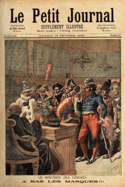 Ilustracja do Środy Popielcowej, po Karnawale Mardi Gras, stroje imprezowe przechodzą przed sędzią, by się odsłonić. Grawer w „”Le petit journal”” 18.02.1893. Kolekcja Selvy. autorstwa Unknown artist