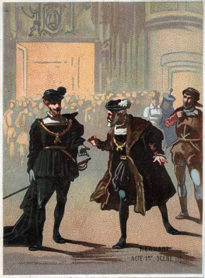 Ilustracja do „”Ernani” włoskiego kompozytora Giuseppe Verdiego (1813-1901), akt 1, scena II opera stworzona w 1844 r. po tragedii „Hernani”” Victora Hugo. Chromolitografia z końca XIX wieku. autorstwa Unknown artist