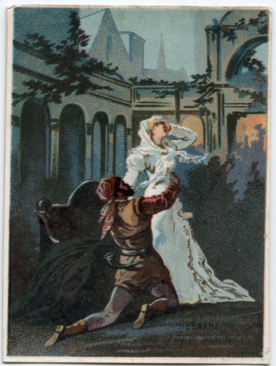 Ilustracja do „”Ernaniego” włoskiego kompozytora Giuseppe Verdiego (1813-1901), akt 2, scena IV opera powstała w 1844 roku po tragedii „”Hernani”” Victora Hugo. Chromolitografia z końca XIX wieku. autorstwa Unknown artist