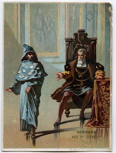 Ilustracja do opery „”Ernani” włoskiego kompozytora Giuseppe Verdiego (1813-1901), akt 3, scena 2, stworzona w 1844 roku po tragedii „Hernani”” Victora Hugo. Chromolitografia z końca XIX wieku. autorstwa Unknown artist