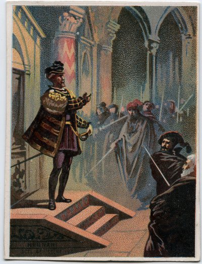 Ilustracja do „”Ernani” włoskiego kompozytora Giuseppe Verdiego (1813-1901), akt 4, scena I opera stworzona w 1844 roku po tragedii „Hernani”” Victora Hugo. Chromolitografia z końca XIX wieku. autorstwa Unknown artist