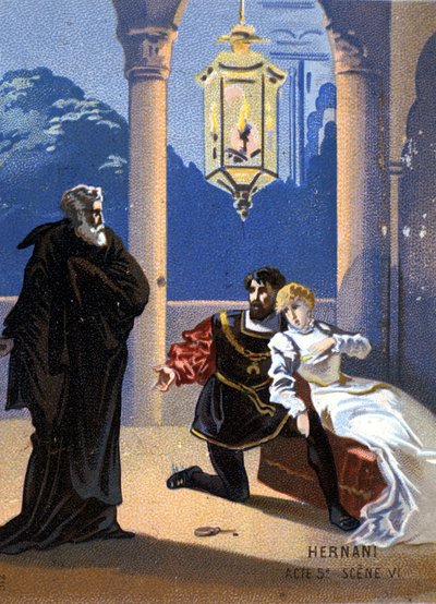 Ilustracja do „Ernani” włoskiego kompozytora Giuseppe Verdiego (1813 - 1901), akt V, scena 6, opera powstała w 1844 roku po tragedii Victora Hugo „Hernani”. chromolitografia z końca XIX wieku.. autorstwa Unknown artist