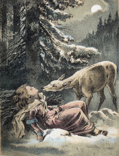 Ilustracja do bajek Franza Hoffmanna „Bajki i bajki – Von Weifshndchen und breitfschen””: dziewczyna zemdlała na śniegu i jeleń. Chromolitografia XIX wieku. autorstwa Unknown artist