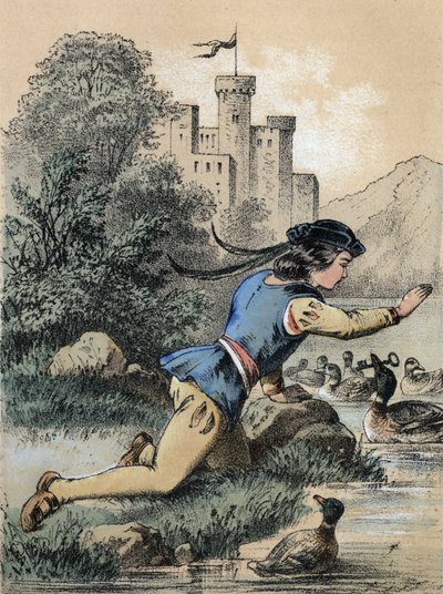 Ilustracja do baśni Franza Hoffmanna „” Tales et Fables - Les 3 princes””: Książę otrzymujący klucz od kaczki. Chromolitografia XIX wieku. autorstwa Unknown artist