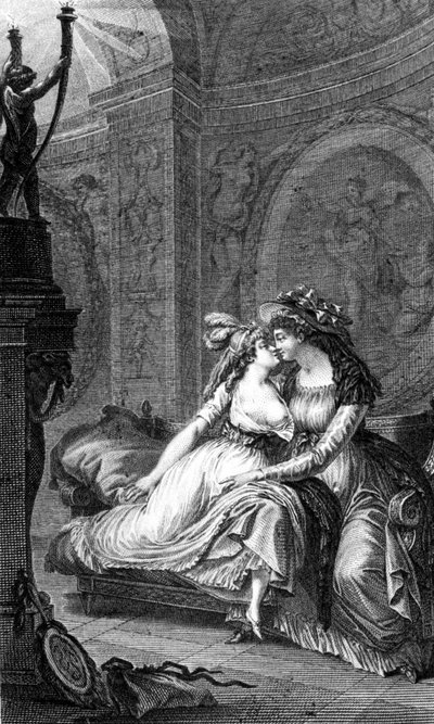 Ilustracja do „Niebezpiecznych ogniw” Choderlosa de Laclos (1741 - 1803): scena wyzwolenia między dwiema kobietami. autorstwa Unknown artist