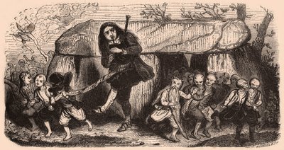 Ilustracja legendy nawiązującej do tradycji bretońskich: laotański dudziarz i gobliny tańczące przed dolmenem autorstwa Unknown