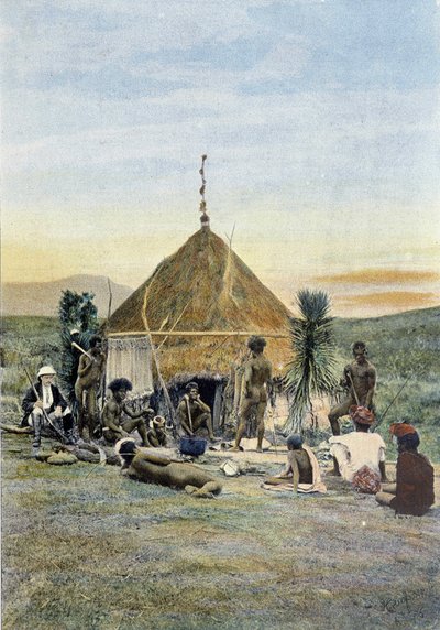 Ilustracja obozu telegraficznego w pobliżu Uarai w Nowej Kaledonii. autorstwa Unknown artist