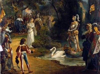 Ilustracja do opery „Lohengrin” autorstwa niemieckiego kompozytora Richarda Wagnera (1813-1883). Chromolitografia autorstwa Unknown artist