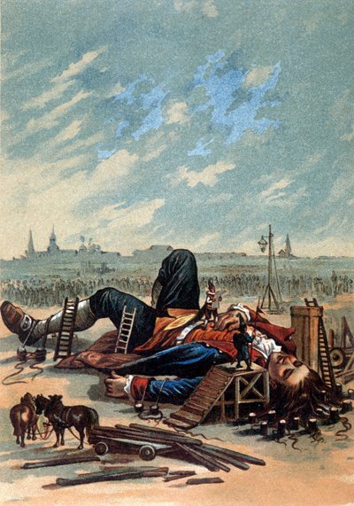 Ilustracja przedstawiająca Lilliputian doczepianie Guliwera. Chromolitografia, s.d. Koniec XIX wieku. autorstwa Unknown artist