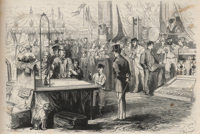 Cesarski książę Eugeniusz Ludwik Józef (1856-1879) w święto Fontainebleau. Próbuje odszyfrować lalkę za pomocą wiszącej na sznurku kuli. Grawer w „Prześwietnym Wszechświecie” autorstwa Unknown artist