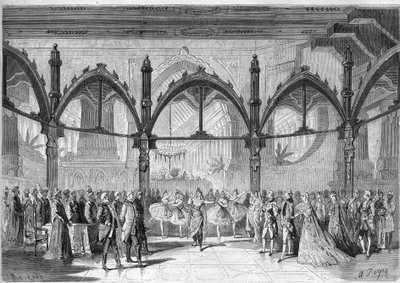 Cesarski Teatr Opery Komicznej: Scena IV, Akt II opery „Pierwszy dzień szczęścia” Daniela Francois Esprit Aubera (1782-1871). Grawerowanie w „”Wspaniałym wszechświecie”” autorstwa Unknown artist