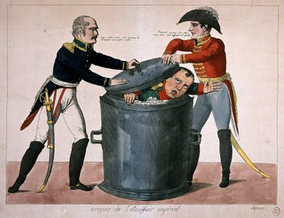 Cesarskie uduszenie: Napoleon-I zamknięty w koszu na śmieci, b.d. deb. 19. autorstwa Unknown artist