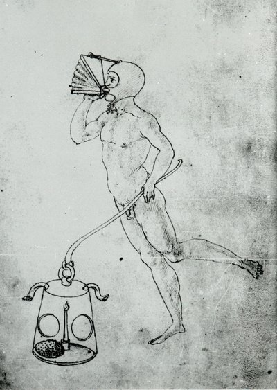 W tomie Francesco di Giorgio pojawia się ten rysunek przedstawiający miech do oddychania pod wodą autorstwa Unknown artist
