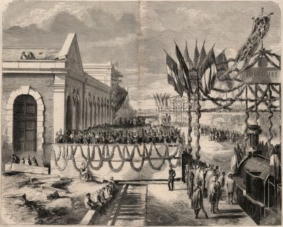 Otwarcie linii kolejowej z Tuluzy do Sete w 1857 r. Rycina w „Le Monde illustrious” z 1857 r. Zbiory prywatne. autorstwa Unknown artist
