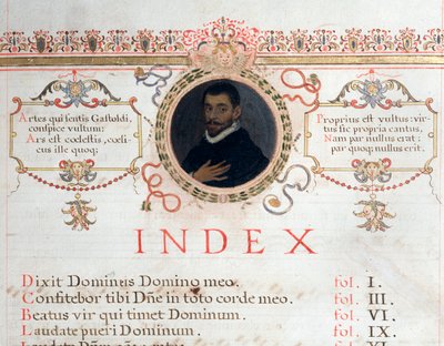 Strona indeksu z portretem Giovanniego Giacomo Gastoldi autorstwa Unknown artist