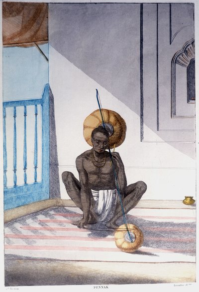 Kultura, cywilizacja i społeczeństwo Indii: muzyk grający na tradycyjnym indyjskim instrumencie smyczkowym. Grawerunek z 1808 roku. autorstwa Unknown artist