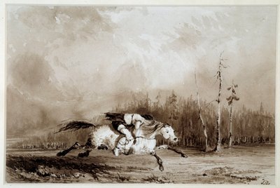 Indianin z Ameryki: „” Koń galopujący niosący związanego mężczyznę”” Anonimowy rysunek. XIX-wieczna La Rochelle, Musee du Nouveau Monde autorstwa Unknown artist