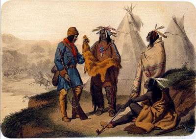 Indianie Ameryki: traper handlujący z Czerwonymi Skórami, wymieniają się skórkami z buraków, jeden z Indian pali kałamarnicę. XIX-wieczna litografia La Rochelle, Musee du Nouveau Monde autorstwa Unknown artist