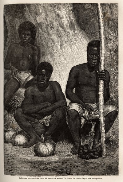 Handlarz owocami Indigenes, na rynku Noumea (Nowa Kaledonia). Grawer ilustrujący podróż do Nowej Kaledonii w latach 1863-1866 autorstwa Julesa Garniera, inżyniera budownictwa, w „Le tour du monde, nouveau journal des voyages” opublikowanym pod tytułem dire autorstwa Unknown artist