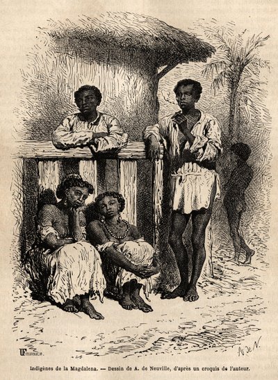 Rdzenni mieszkańcy Magdaleny (rzeki), na ulicach miasta Mompox (Kolumbia). Rycina ilustrująca podróż do Nowej Granady, autorstwa dr Saffray, w 1869, opublikowana w „Le tour du monde”” 1872, pod redakcją Edouarda Chartona, wydanie Hachette, autorstwa Unknown artist