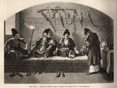 Wewnątrz tatarskiej kawiarni w Schoucha (Zakaukazie, Rosja), gdzie mężczyźni spotykają się, by napić się herbaty i zapalić sziszę. Rycina ilustrująca podróż po prowincjach Kaukazu, autorstwa Bazylego Vereschaguine