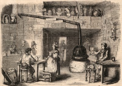 Wewnątrz kabaretu le Lapin Blanc (Królik-Blanc), rue aux feves w Paryżu przed jego rozbiórką. Karczma z czasów pierwszych monarchii. Grawer „Le Monde illustrious” z 1862 r. Ze zbiorów prywatnych. autorstwa Unknown artist