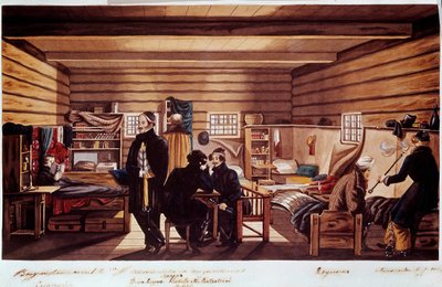 Wnętrze kazamaty Cheta: spotkanie polityczne dekabrystów (lub dekabrystów) Rosjan biorących udział w próbie zamachu stanu w Petersburgu 14 grudnia 1825 r. w celu uzyskania od reżimu nowoczesnej konstytucji. Rytownictwo autorstwa Unknown artist
