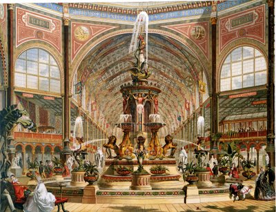 Crystal Palacen sisustus vuoden 1862 kansainvälisen näyttelyn aikana. Mintonin majolicasuihkulähde. Kromolitografia.kiillotus autorstwa Unknown artist