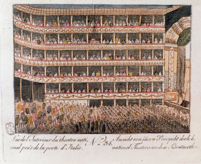 Wnętrze Teatru Narodowego w pobliżu włoskiej bramy w Wiedniu, Austria. (Widok wnętrza Teatru Narodowego, Wiedeń, Austria) Grawer z 1815 r. kolekcja prywatna autorstwa Unknown artist