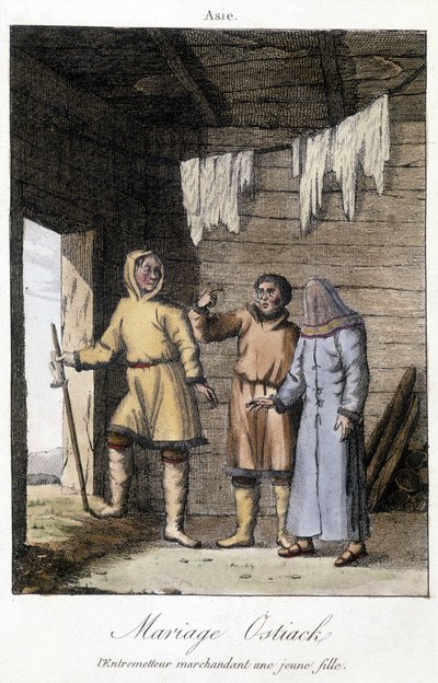 Pośrednik targujący się z młodą dziewczyną na wesele Ostiak (Chanty lub Khante) (plemię myśliwych paleosyberyjskich założone na terenach leśnych doliny środkowego Obu). autorstwa Unknown artist