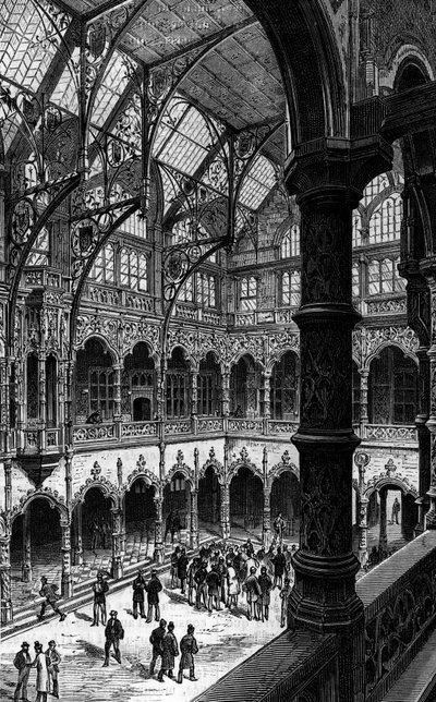 Widok wewnętrzny giełdy w Antwerpii w XIX wieku. Grawerowanie w „Le journal de la jeunesse”” autorstwa Unknown artist