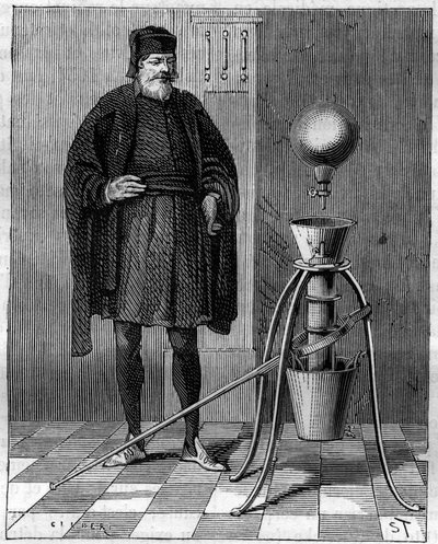 Wynalazek: Maszyna pneumatyczna autorstwa Otto de Guericke (Otto de Guericke) (1602-1686), niemieckiego wynalazcy. Grawerowanie w „La Nature” autorstwa Unknown artist
