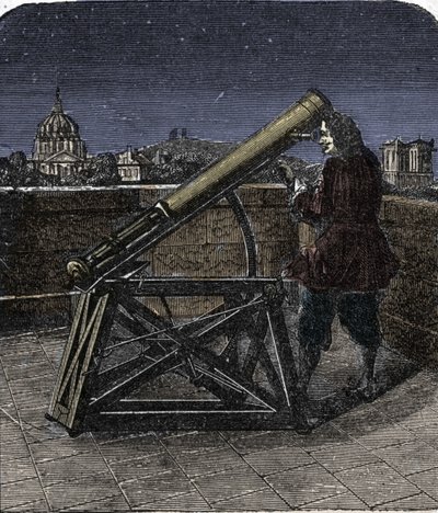 Isaac Newton (1642-1727) Angielski fizyk używający swojego teleskopu. autorstwa Unknown artist