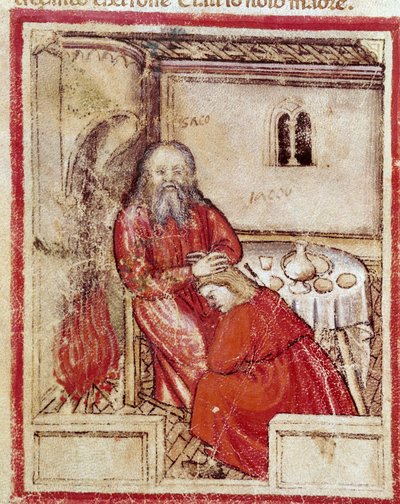 Izaak po zjedzeniu koźlęcia przyniesionego przez jego syna Jakuba Benita sądząc, że jest to miniatura Ezawa z kodeksu 212 (lub kodeks padovano lub Biblia z Padwy) 1390-1400 Rovigo, Accademia dei Concordi autorstwa Unknown artist