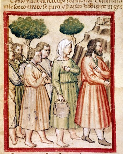 Izaak i jego rodzina cierpiący głód emigrujący na ziemie króla Abimelecha Miniatura z kodeksu 212 (lub kodeksu padovano lub Biblii z Padwy) 1390-1400 Rovigo, Accademia dei Concordi autorstwa Unknown artist