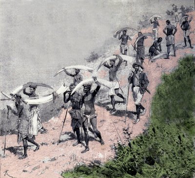 Handel kością słoniową: karawana kongijskich tragarzy nosi obronę słoni. Rycina XIX wieku autorstwa Unknown artist