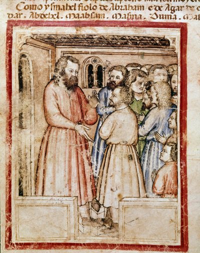 Jakub i jego dwunastu dzieci Miniatura z kodeksu 212 (lub Kodeks Padovano lub Biblia z Padwy) 1390-1400 Rovigo, Accademia dei Concordi autorstwa Unknown artist