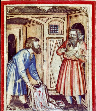 Jakub dowiaduje się o śmierci swojego syna Józefa, sprzedanego przez braci Egipcjanom Miniatura z kodeksu 212 (lub kodeksu padovano lub Biblii z Padwy) 1390-1400 Rovigo, Accademia dei Concordi autorstwa Unknown artist
