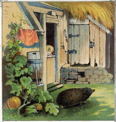 Jacques obserwuje herisson przechodzącą przez dziedziniec jego domu. Chromolitografia z „”Sceny enfantines””, wyd. Guerin - Muller około 1885 roku. autorstwa Unknown artist
