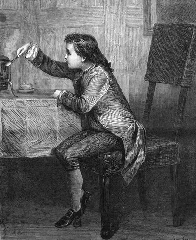 James Watt (1736-1819) dziecko odkrywające prawa pary. Rycina z 1868 roku według obrazu Marcusa Stone