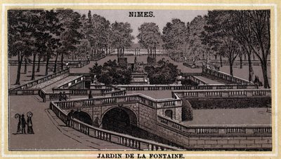 Jardin de la Fontaine w Nimes (Gard, Langwedocja-Roussillon). Chromolitografia z końca XIX wieku. autorstwa Unknown artist