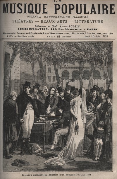 Jean Elleviou, francuski piosenkarz, komik i librecista (1769-1842) śpiewający na rzecz niewidomego w 1801 roku na Polach Elizejskich - grawerunek w tygodniku „La musique populaire” „znakomity” - 1882 autorstwa Unknown artist