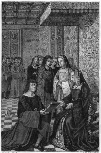 Jean Marot, poeta (1463-1526), ofiarowując tomik poezji królowej Annie Francji. Rycina XIX wieku. autorstwa Unknown artist