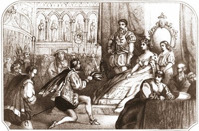 Jean Nicot przedstawiający tytoń Katarzynie Medycejskiej (Caterina de Medici) i Wielkiemu Przeorowi Domu Lotaryńskiego. Litografia z XVI wieku około 1868 roku. autorstwa Unknown artist