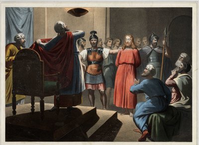 Jezus przed Kajfeuszem. Anonimowy rycina z połowy XIX wieku. autorstwa Unknown artist