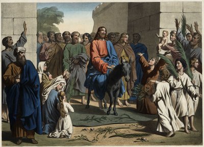 Triumfalny wjazd Jezusa do świętego miasta Jerozolimy. Anonimowy rycina z połowy XIX wieku. autorstwa Unknown artist