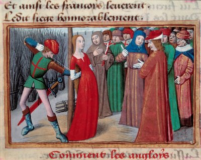 Joanna smyczkowa (1412 -1431), zainstalowana na rzeźniku. Miniatura z rękopisu „”Vigilles du roi Charles VII”” Martial d